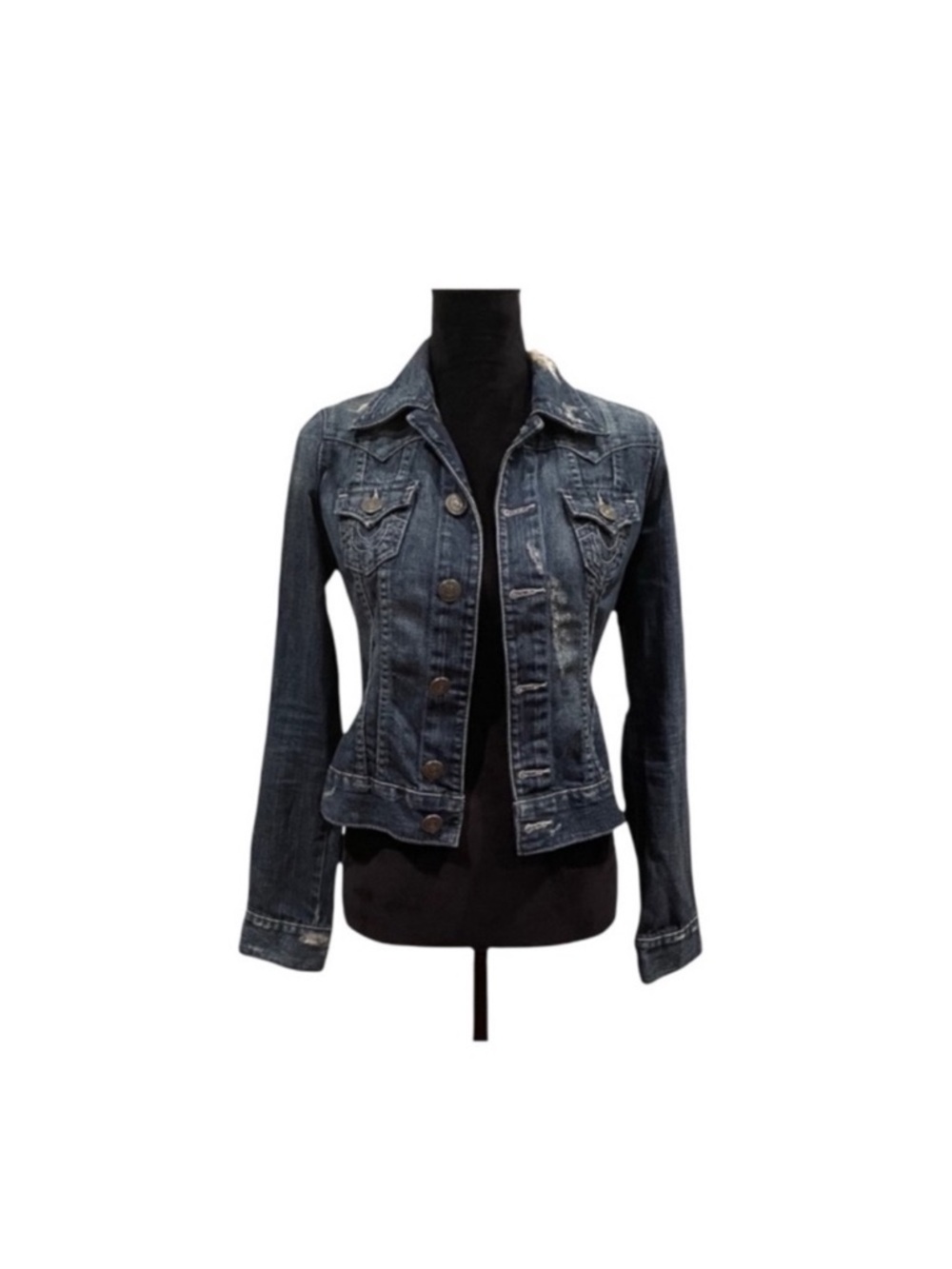True Religion Jimmy distressed button front denim blue cotton jacket extra small